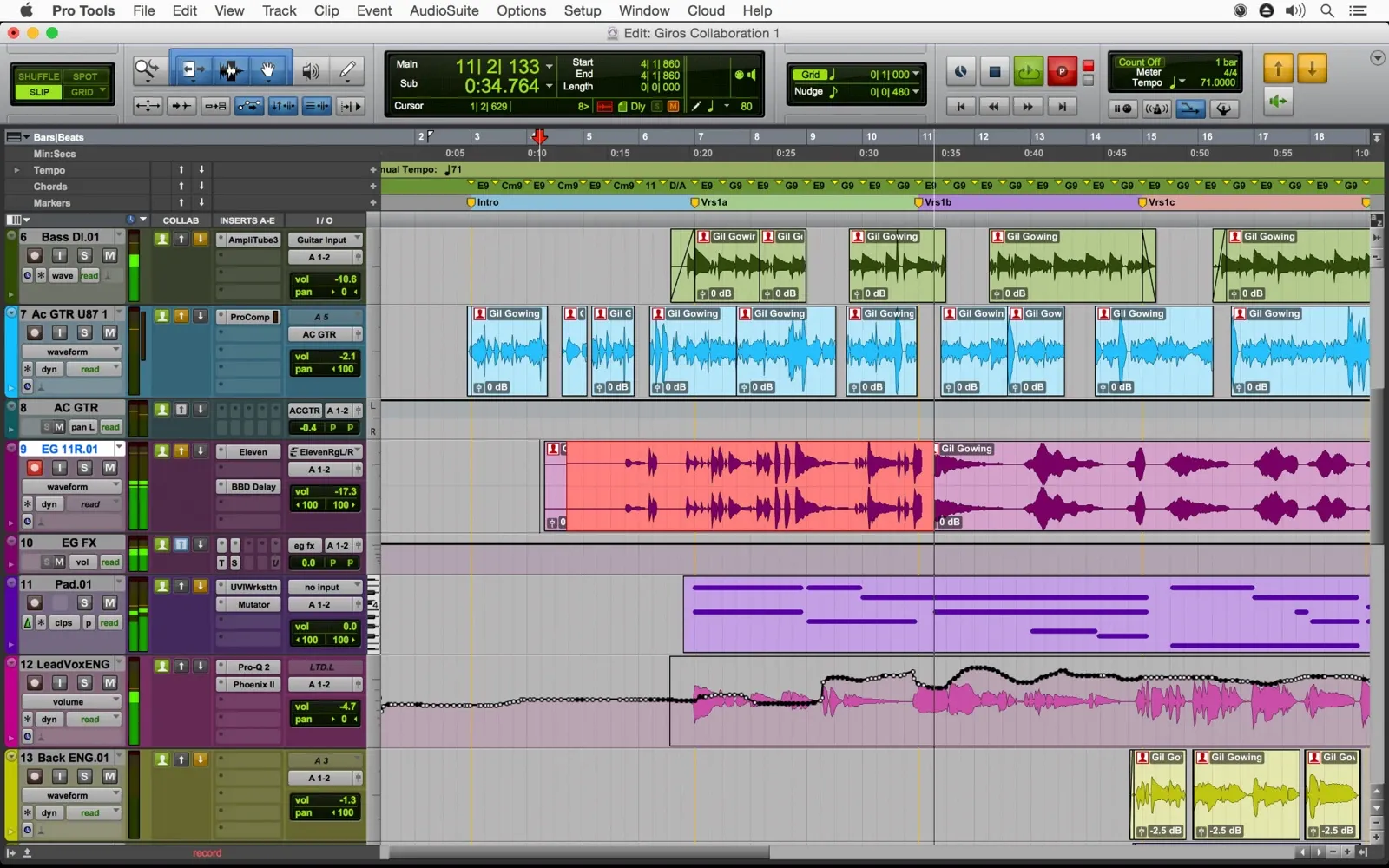Pro Tools: sesja wielośladowa z nagraniami audio, nutami MIDI i automatyką.