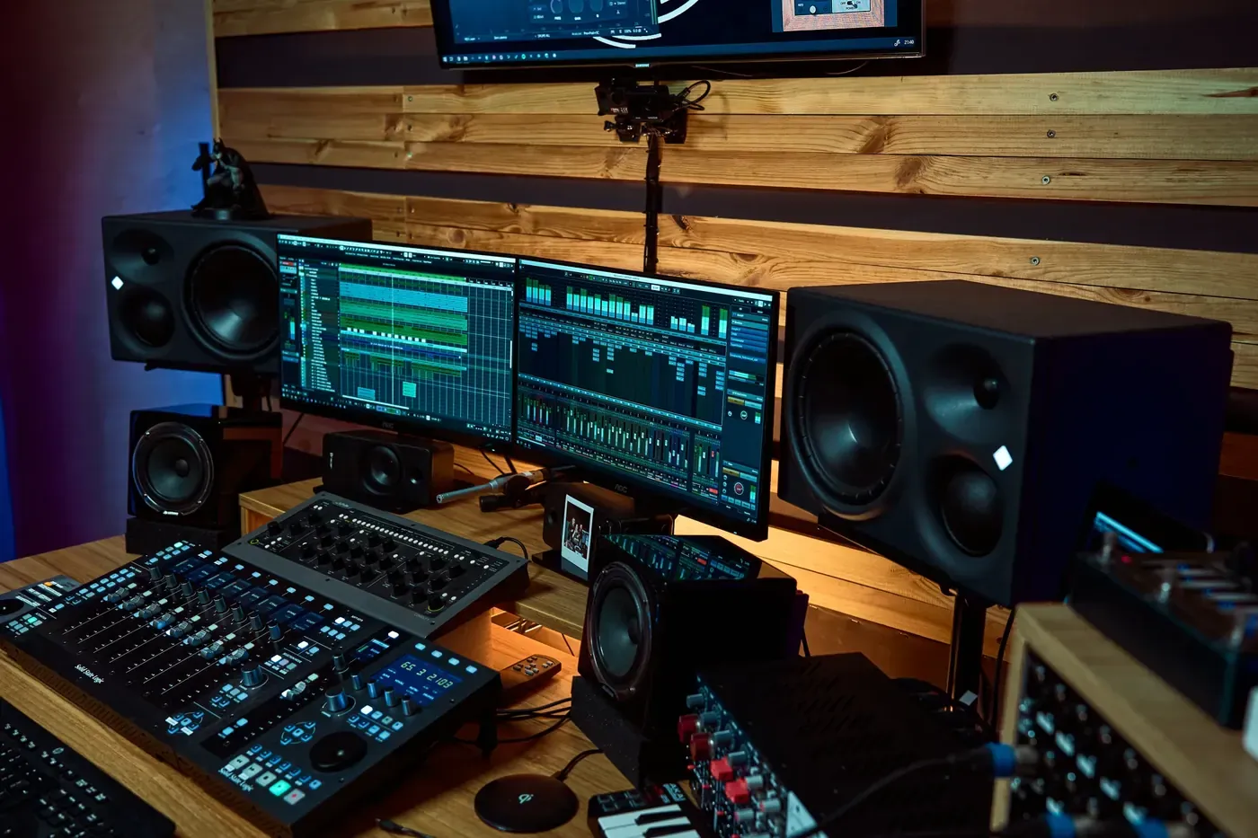Stanowisko realizatora z monitorami komputerowymi, odsłuchami i konsoletą w Tetra Wave Studio.